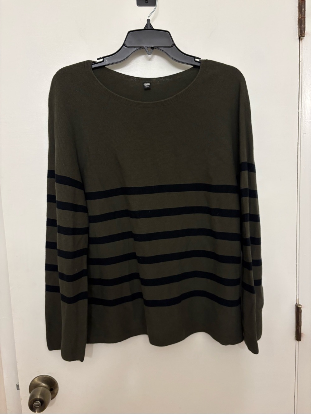 UNIQLO 3D Knit Cotton Striped Crew Neck Sweater Olive Green Black XL